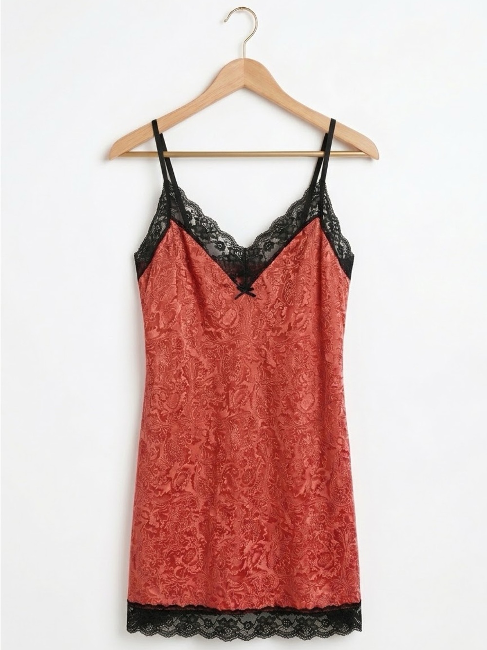 Lace-Trim Satin Slip Nightgown With Black Lace